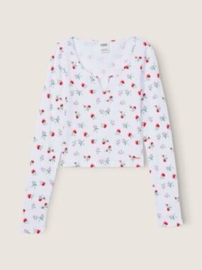 VS Pink Floral Notched Crop Henley Top M